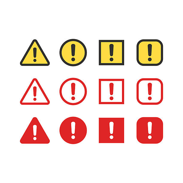 Warning signs set Warning, attention signs set. Exclamation mark symbol, bright danger colors. Triangle, circle and rectangle vector icons. exclamation point stock illustrations