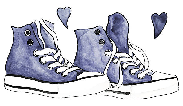 ilustrações, clipart, desenhos animados e ícones de aquarela indigo jeans tênis par sapatos corações amam vetor isolado - illustration and painting pencil drawing image sports shoe