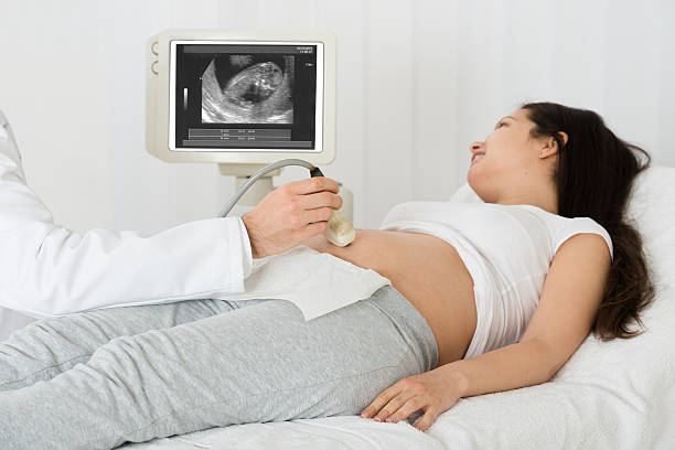 medico che esegue una scansione ecografica sulla donna in attesa - ultrasound gynecologist gynecological examination human pregnancy foto e immagini stock