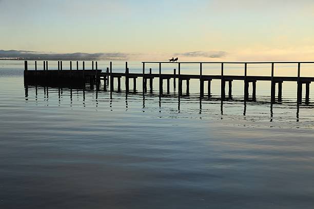 istock Wooden boat jetty on a pristine lake 586044250