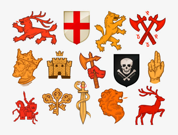 illustrazioni stock, clip art, cartoni animati e icone di tendenza di simboli medievali o icone. loghi vettoriali della collezione - armorial