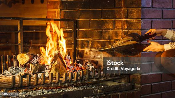 Closeup Hands Fireplace Making Fire With Bellows Stock Photo - Download Image Now - Bellows, Fireplace, Fire - Natural Phenomenon
