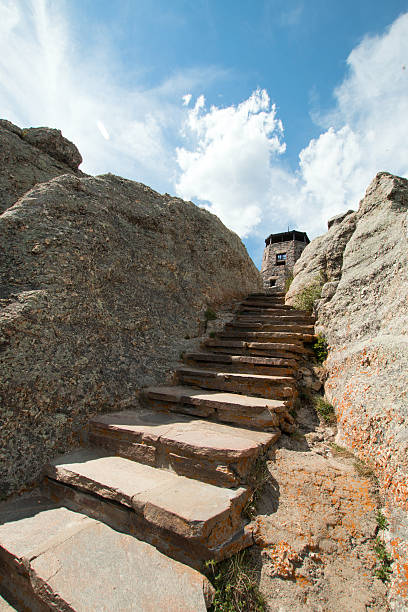 Stone steps on Harney Peak Lookout Tower in Black Hills Stone staircase on Harney Peak Fire Lookout Tower in the Custer State Parks Black Elk Wilderness in the Black Hills of South Dakota USA custer state park stock pictures, royalty-free photos & images