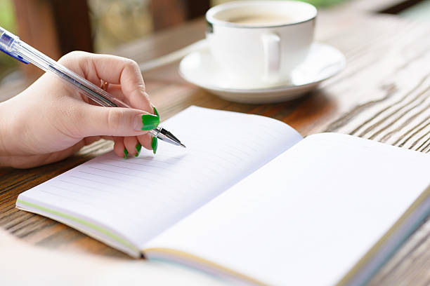 istock The young woman is writing in cafe. 586050832