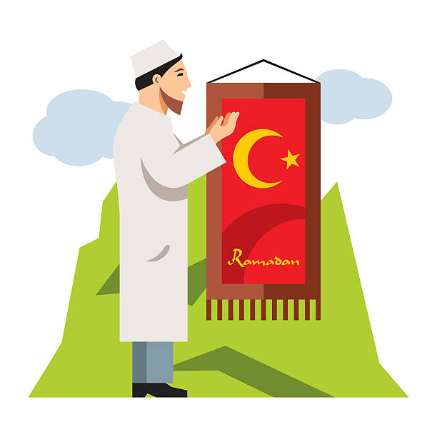 Vector Islamic Prayer. Flat style colorful Cartoon illustration. A man raises his hands to heaven in prayer. Isolated on a white background i love allah in arabic silhouettes stock illustrations