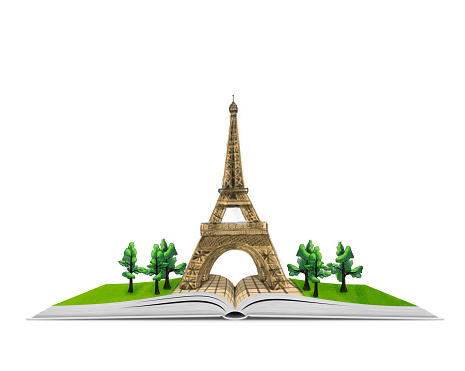 Eiffel Tower on an open book hand drawn illustration isolated on white background. World heritage. Book about France. Source of knowledge.