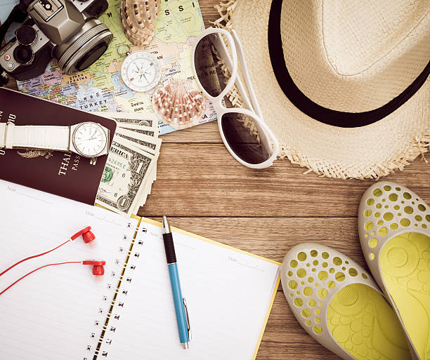 istock Travel concept on wooden table 586051854