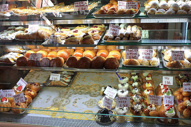 istock Cakes in showcase. Italian pastry shop. 586052678