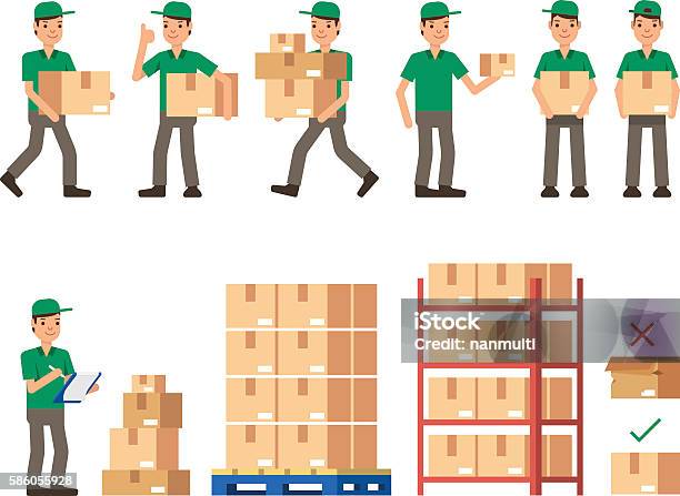 Warehouse Inventory Delivery Workers Modern Flat Style Vector Illustration Stock Illustration - Download Image Now