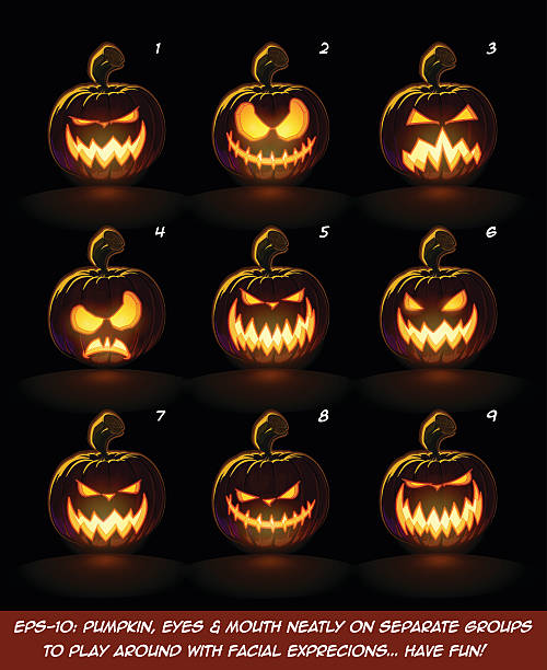 다크 잭 o 랜턴 만화 - 9 화가 표현 세트2 - halloween pumpkin carving jack olantern stock illustrations