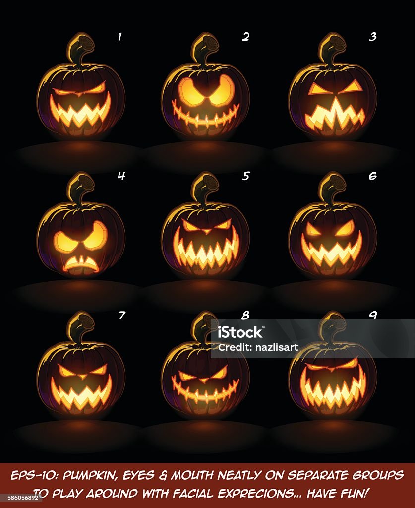 Dark Jack O Lantern Cartoon - 9 Angry Expressions Set2 Vector icons of a lighten Jack O Lantern glowing in the dark in 9 scary expressions. Each expression on separate Layer. Pumpkin, Eyes, Mouth, Glow and Floor Glow on separate groups. Jack O' Lantern stock vector