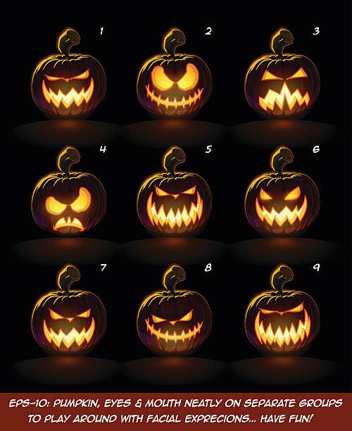 Dark Jack O Lantern Cartoon - 9 Angry Expressions Set2 Vector icons of a lighten Jack O Lantern glowing in the dark in 9 scary expressions. Each expression on separate Layer. Pumpkin, Eyes, Mouth, Glow and Floor Glow on separate groups. frieze stock illustrations