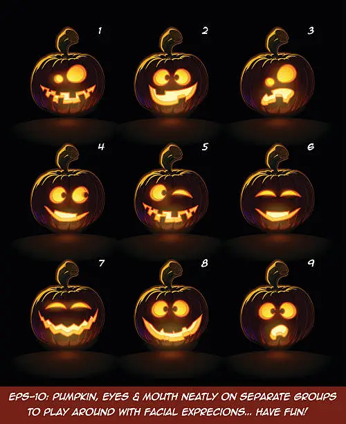 Vector illustration of Dark Jack O Lantern Cartoon - 9 Angry Expressions Set2