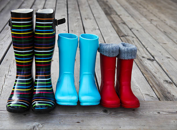 istock Three pairs of a colorful rain boots 586058666