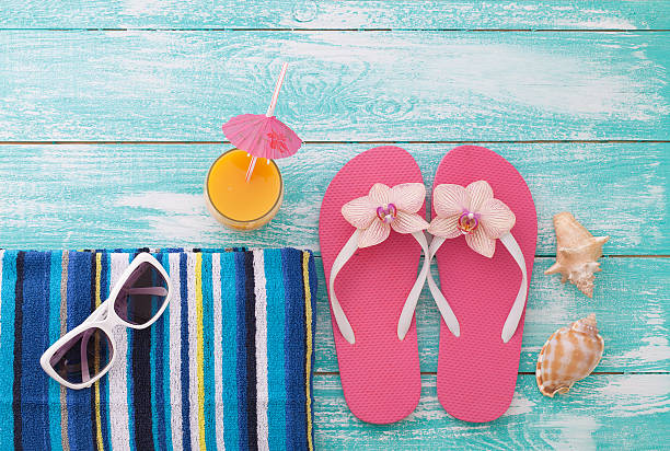 istock Summer Holidays. Beachwear on wooden background. 586060876