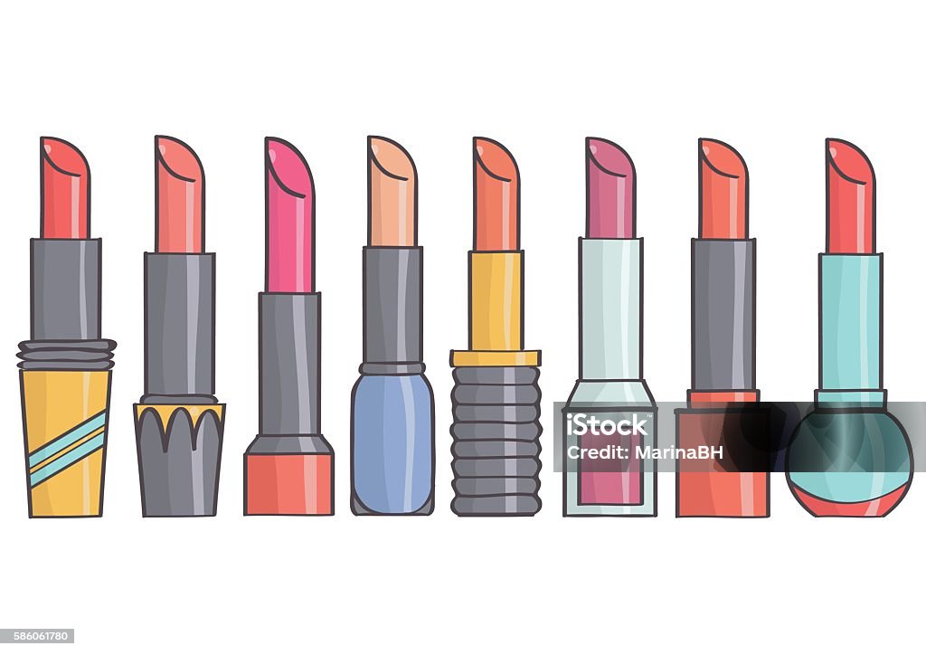 Set of colorful, trendy lined up lipsticks Set of colorful, trendy lined up lipsticks. Lipstick collection, isolated. Adult stock vector