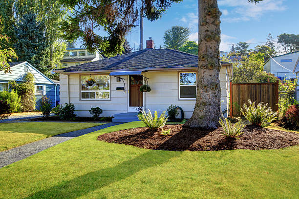 istock Small clapboard siding house. View of walkway 586062920