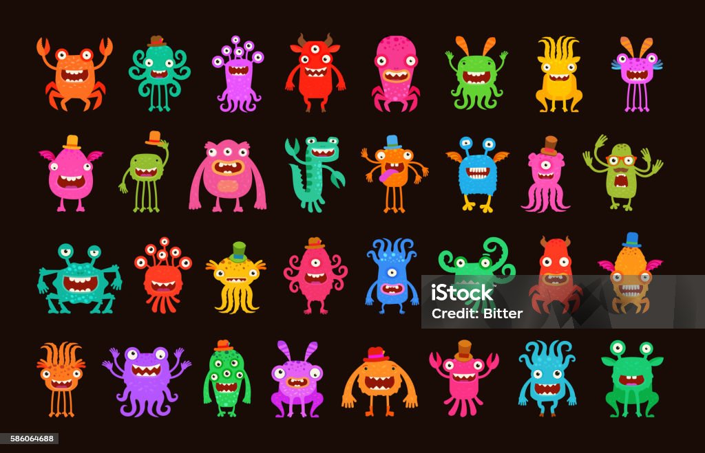 Big collection of cartoon funny monsters. Vector illustration Big collection cartoon funny monsters. Vector illustration Monster - Fictional Character stock vector