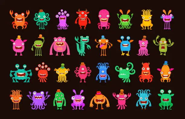 Vector illustration of Big collection of cartoon funny monsters. Vector illustration