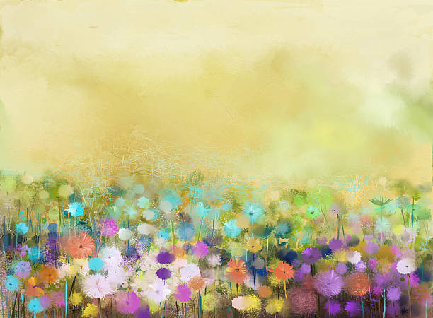 istock Oil painting flowers plant. meadow and yellow background 586068556