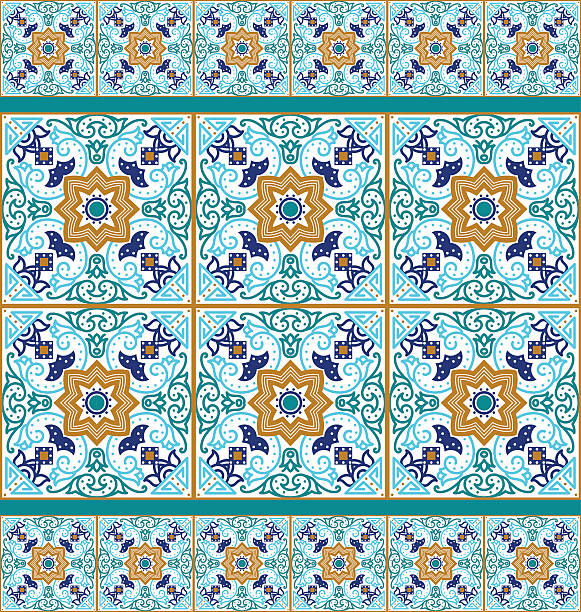 Blue ornament traditional Portuguese azulejos. Oriental seamless pattern Talavera tile. Vibrant Mexican seamless pattern, originally from Morocco and Lisbon. For fabric, textile, patchwork, flooring and wallsBlue ornament traditional Portuguese azulejos. Oriental seamless pattern imitating the sky-blue glazed ceramic tiles, majolica. Azulejos for fabrics, prints, t-shirts, bags, wrapping paper. persian pottery stock illustrations