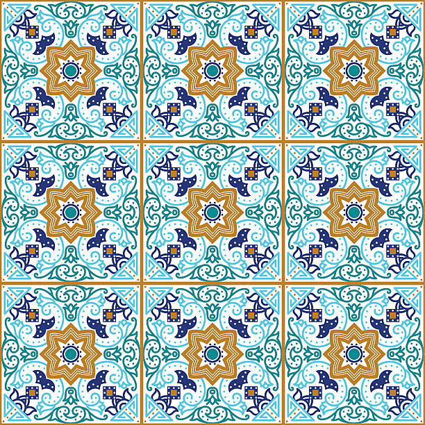 Blue ornament traditional Portuguese azulejos. Oriental seamless pattern Talavera tile. Vibrant Mexican seamless pattern, originally from Morocco and Lisbon. For fabric, textile, patchwork, flooring and wallsBlue ornament traditional Portuguese azulejos. Oriental seamless pattern imitating the sky-blue glazed ceramic tiles, majolica. Azulejos for fabrics, prints, t-shirts, bags, wrapping paper. mexican tile cross stock illustrations