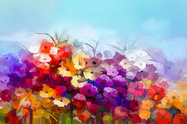 istock Oil painting white,yellow, red daisy, gerbera flower in field 586069484