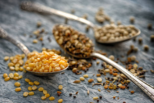 istock Assortment of powder spices on spoons 586070726
