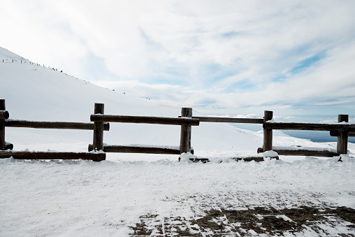 Winter snow landscape with fence in China.