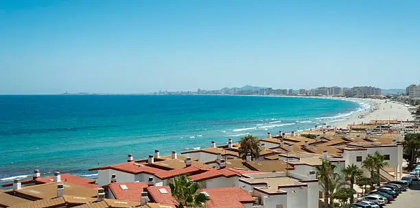 Sandy Beach Line Panorama - La Manga del Mar Menor, Cabo de Palos, Cartagena and San Javier, Murcia, Spain, Europe