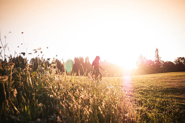 A beautiful woman is walking through a meadow. She's alone in a peaceful natural setting, walking towards the setting sun. The meadow is located in Sandy, Oregon. She is holding a wildflower, which she has picked.