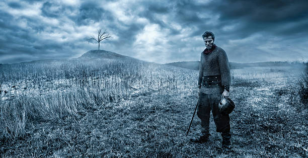 Warrior or viking stands on the battlefield holding a sword in one hand and a helmet in the other. He looks ready to fight. Fog is in the background as well as a small hill with a lonely tree. Black clouds are in the horizon.