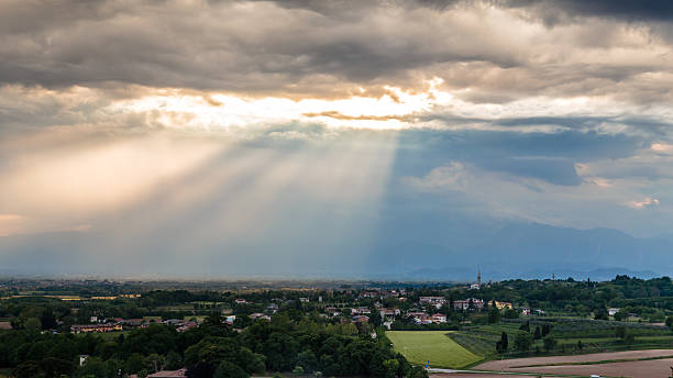istock Evening storm over the medieval village 586077226