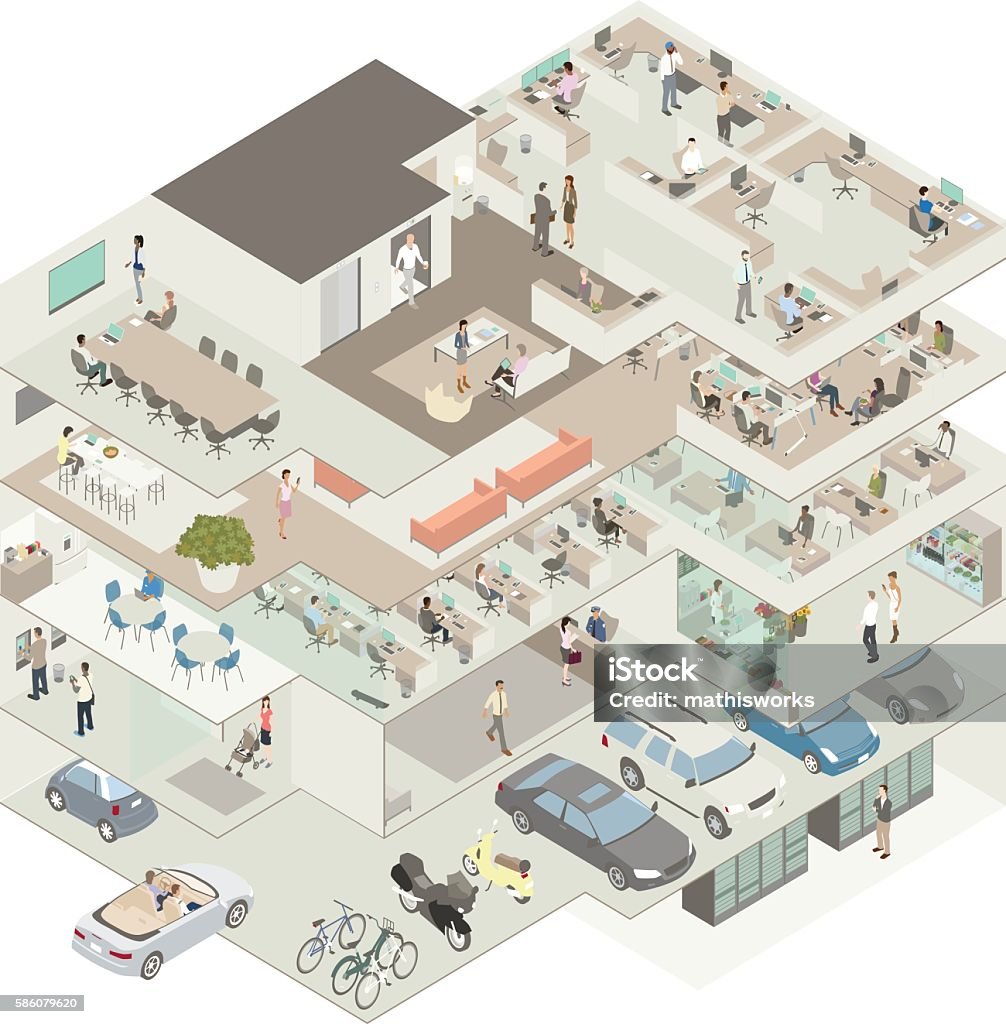 Office building cutaway illustration Cutaway illustration of an office building in isometric view includes a sub basement with a server room, a parking garage with cars, motorcycles and bicycles, a street level lobby, ATM and shop, and three levels of offices complete with kitchens, conference rooms, cubicles, and dozens of workers. Isometric Projection stock vector
