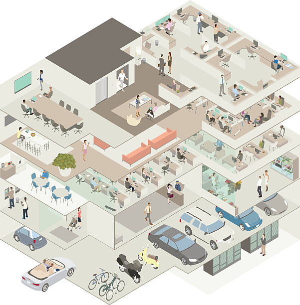 Office building cutaway illustration Cutaway illustration of an office building in isometric view includes a sub basement with a server room, a parking garage with cars, motorcycles and bicycles, a street level lobby, ATM and shop, and three levels of offices complete with kitchens, conference rooms, cubicles, and dozens of workers. lobby office stock illustrations