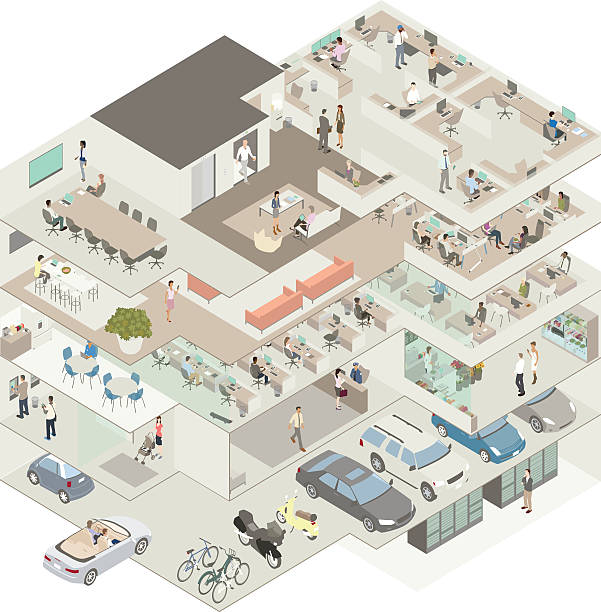Office building cutaway illustration Cutaway illustration of an office building in isometric view includes a sub basement with a server room, a parking garage with cars, motorcycles and bicycles, a street level lobby, ATM and shop, and three levels of offices complete with kitchens, conference rooms, cubicles, and dozens of workers. corporate office cubicle stock illustrations
