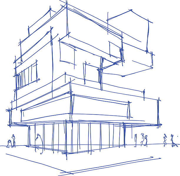 architectural sketch of a modern building hand drawn architectural sketch of a modern building with people around architect stock illustrations