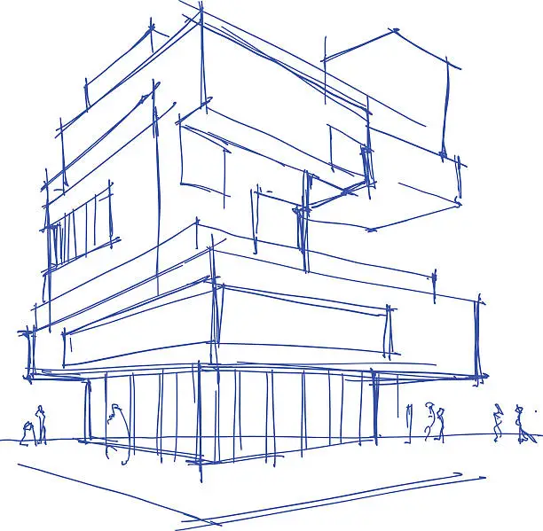 Vector illustration of architectural sketch of a modern building