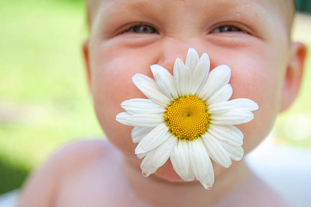 Happy child with a flower chamomile outdoors