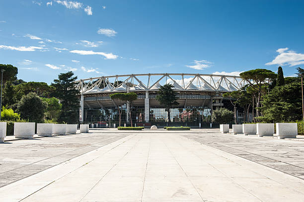 Outside view of Olympic Stadium Rome, Italy - August 6th 2016. Outside view of Olympic Stadium with white marble road entrance olympic city stock pictures, royalty-free photos & images