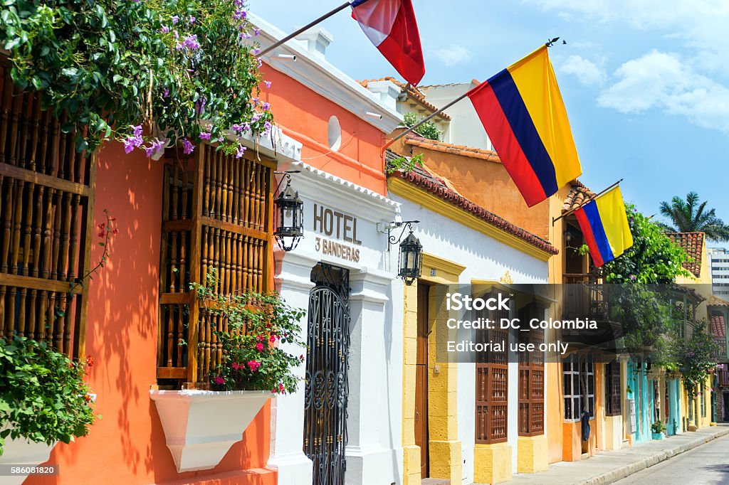 Colombian Flags and Colonial Buildings - Royalty-free Cartagena - Colombia Stockfoto