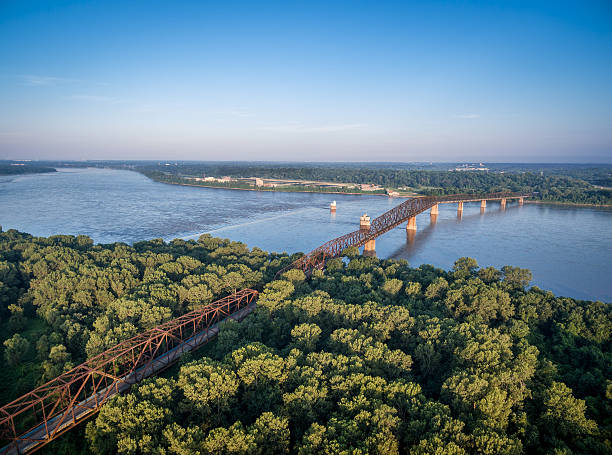 Old Chain of Rocks Bridge The old Chain of Rocks Bridge over Mississippi River near St Louis - aerial view from Illinois shore route 66 stock pictures, royalty-free photos & images