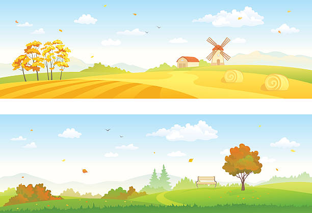 illustrations, cliparts, dessins animés et icônes de bannières de campagne d’automne - windmill cultivated land crop day