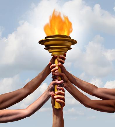 People holding a torch flame symbol as a group of diverse athletes or community members joining in lifting a cresset object together for sport ceremony or a beacon for friendship with 3D illustration elements.