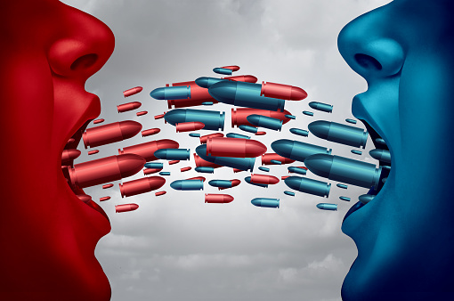 Concept of debate and political argument symbol as two opposing competitors debating and arguing with mouths open and symbolic bullets flying towards each other as an dispute metaphor with 3D illustration elements.