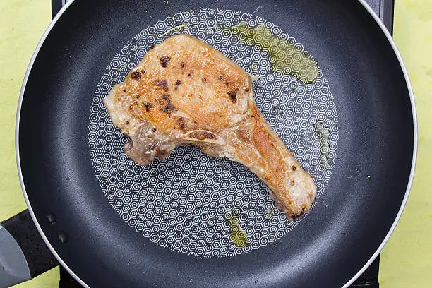 Chef cooking porkchop in frying pan/ cooking steak concept