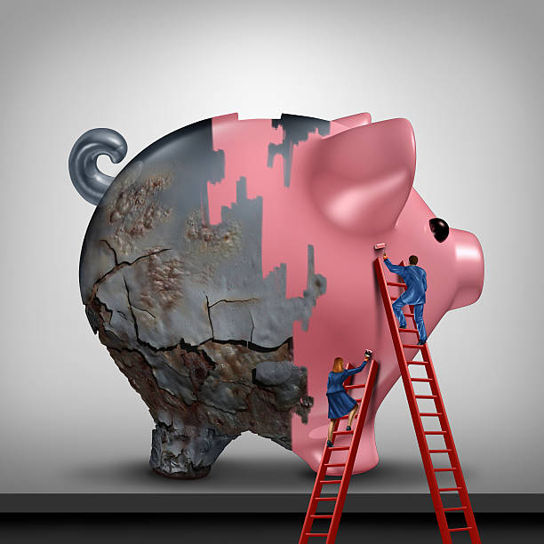 Financial Credit Recovery Financial credit recovery busness concept as a woman and man as bank or banking advisors repairing an old rusted piggy bank with a fresh coat of paint as a savings improvement metaphor with 3D illustration elements. debt recovery stock pictures, royalty-free photos & images