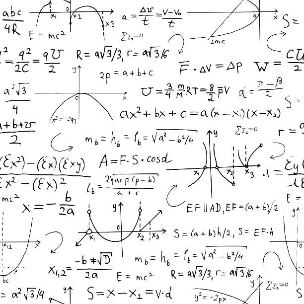 bezszwowe tło z formułami matematycznymi i grafiką na białym tle - formula stock illustrations