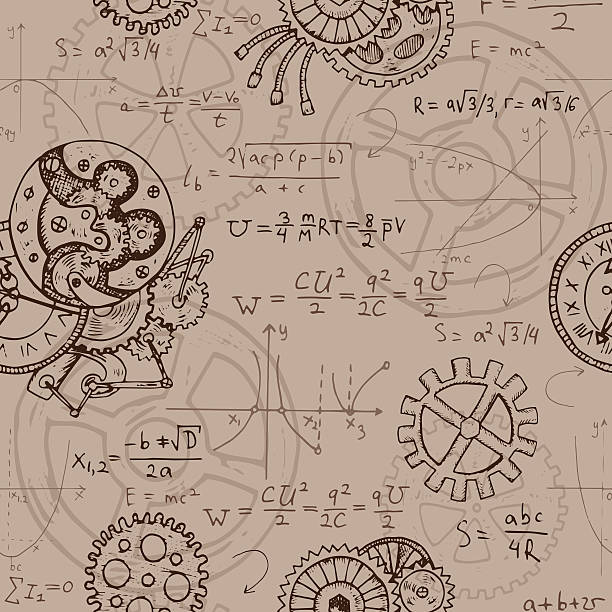 płynne tło z formułami matematycznymi, zębatami, grafiką i starymi mechanizmami - engraved image gear old fashioned machine part stock illustrations