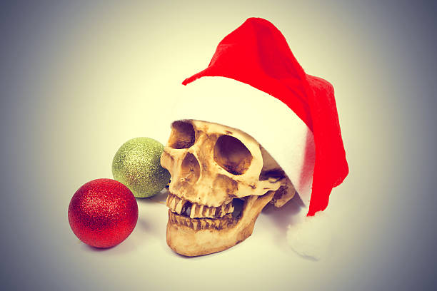 istock Funny  skull in hat Santa Claus isolated on white background. 586091272